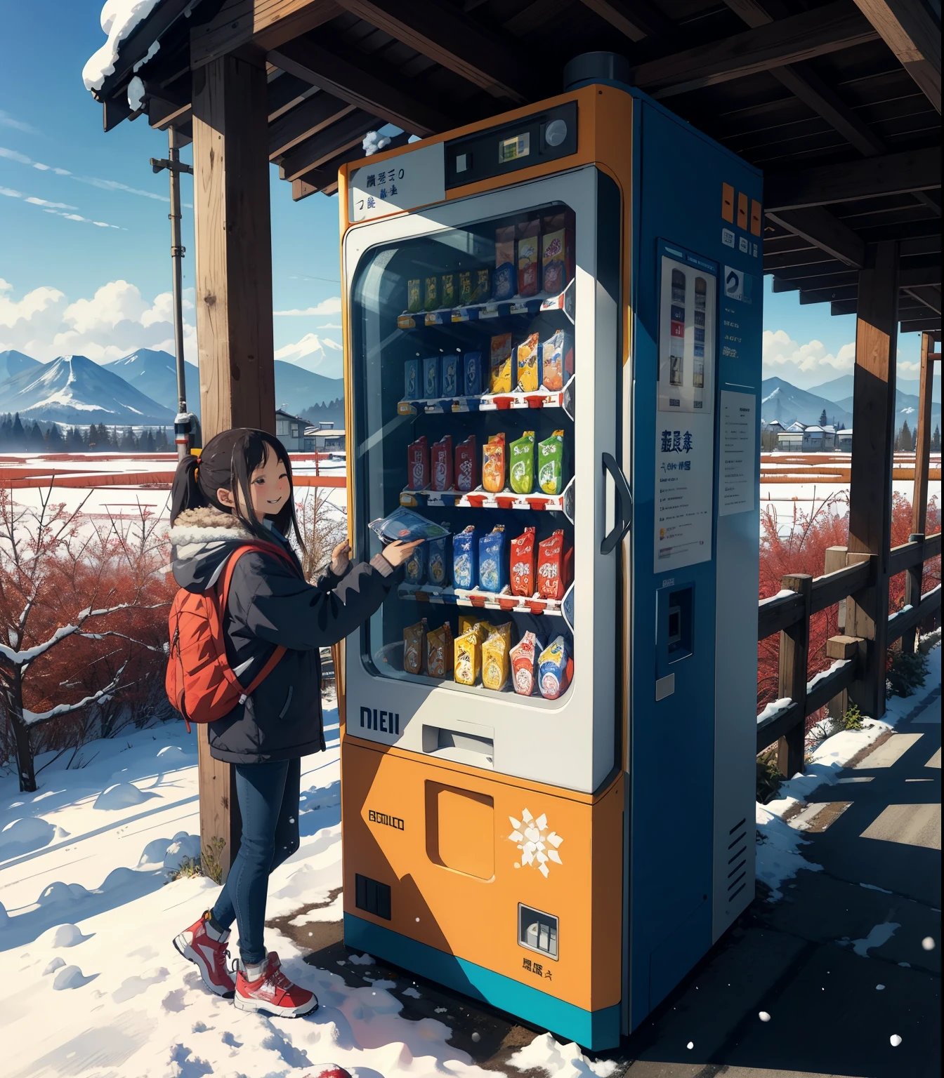 masterpiece，top quality， high image quality，( super flat ， flat shading  )， fisheye lens，Station platform with a view of Japanese rice fields in winter，Japanese beverage vending machine,  Retro Style ，A few female  who seem to be having fun going to school，snow景色，snow， bright color，watercolor,  Ghibli style，Strong winds， girl &#39;Lure，