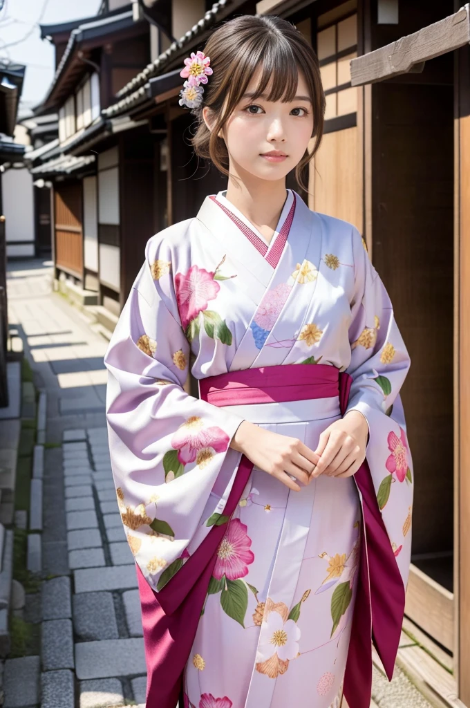 A beautiful Japanese woman wearing a pink floral  kimono. Her hair is elegantly tied up with floral ornaments, and her bangs are down. She stands in a narrow alley in Kyoto during daytime, surrounded by a festive New Year atmosphere. The  kimono features intricate floral patterns, and she has delicate features with brown eyes and brown hair. Her expression is serene and graceful.

one girl, (beautiful girl, delicate girl:1.3), (elegant appearance:1.3), break, (spring clothes:1.3), break, very fine eyes, (symmetrical eyes:1.3), break, perfectly shaped and anthropomorphically correct fingers, break, small breasts, brown eyes, (((shortcut))), straight bangs, brown hair, break, (eye and face details:1.0), break, (masterpiece, highest quality, super detailed), detailed face, 8k,  kimono, intricate patterns, floral design. high res, masterpiece, masterpiece, accurate,  anatomically correct ,  won lots of awards ,  top quality ,  high detail, 