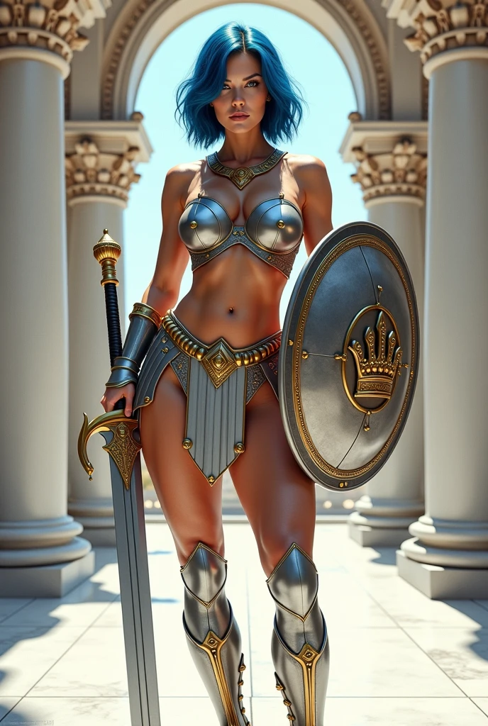woman, ((long hair)), blackblue hair, ((beautiful)), adorned in medieval armor, twerking, metal muscles, emanating a medieval elegance and marvel, armor pump boots, chrome bra, chrome silver tiara, small armband, (shoulder armor), gauntlets, ((small armored bikini:1.5)), sword, shield, exposed midriff, (puffy lips:1.3), detailed eyes, ((slendered abs )),((huge breastull bodied), wide hips, (puffy lips:1.5), slender abs,rim lighting, side light, cinematic light, ultra high definition, 8k, film grain,best shadow, light particles, detailed skin texture, detailed gem armor texture, detailed face, intricate details, super detailed, bright, spiked heel boots