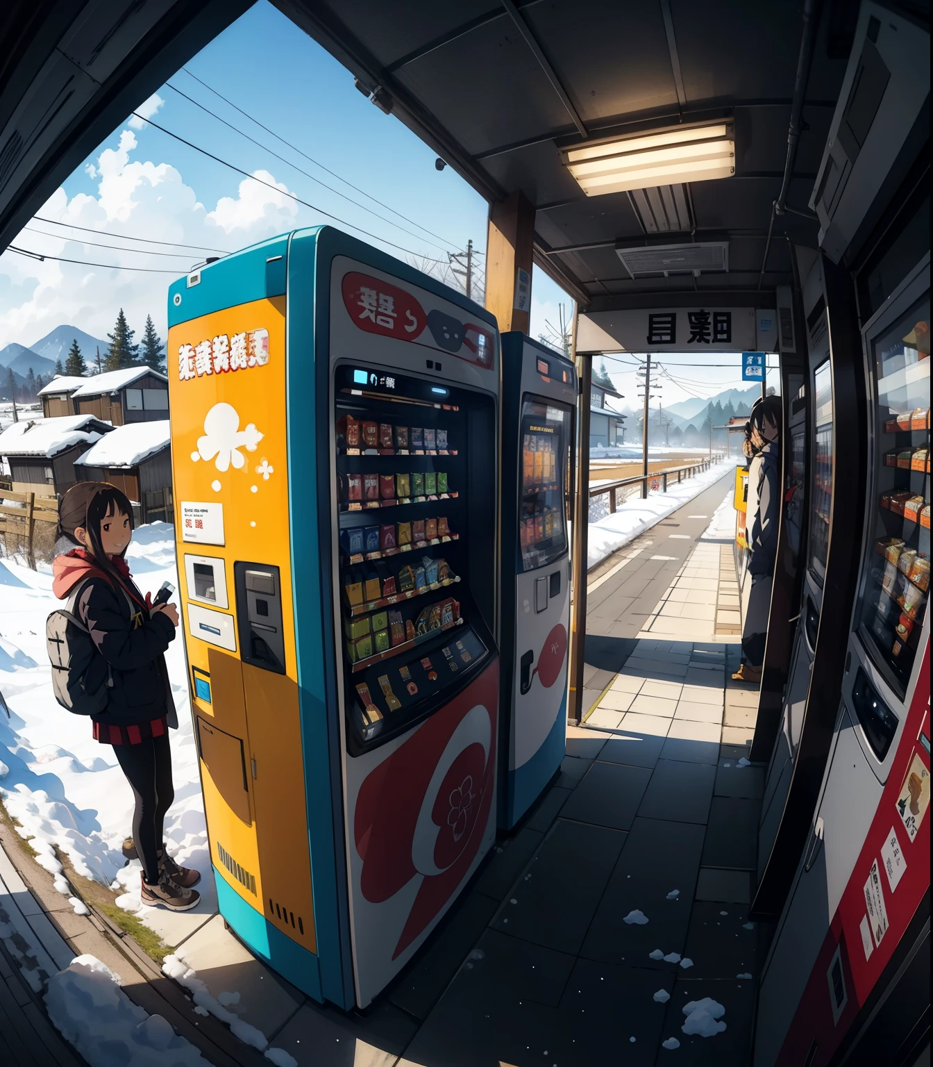 masterpiece，top quality， high image quality，( super flat ， flat shading  )， fisheye lens，Station platform with a view of Japanese rice fields in winter，Japanese beverage vending machine,  Retro Style ，A few female ********************** who seem to be having fun going to school，snow景色，snow， bright color，watercolor,  Ghibli style，Strong winds， girl &#39;Lure，