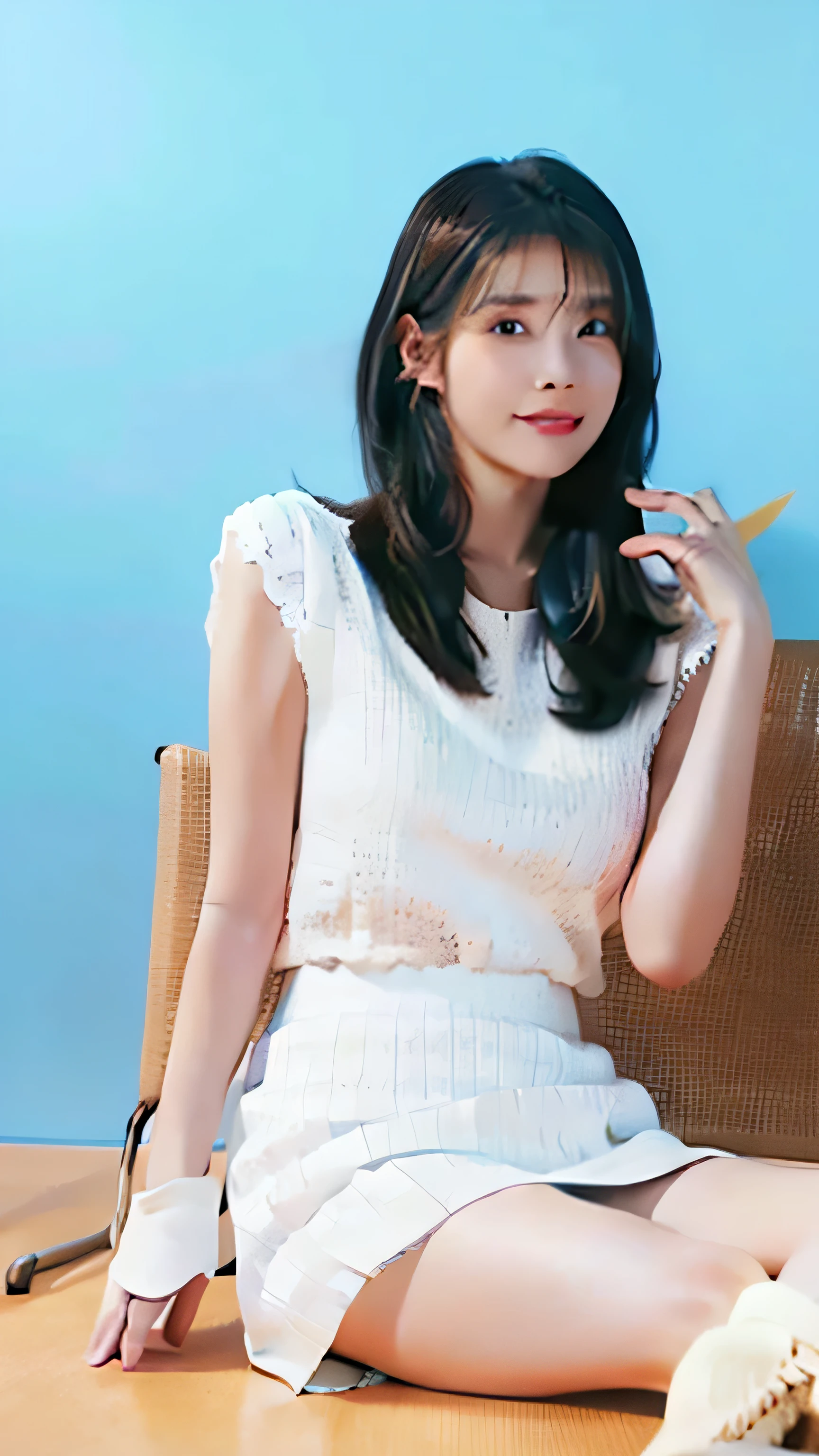 Super Detailed, Textured Skin, Retina, High Quality, Masterpiece, High Resolution, Accurate, 1girl young, Very Long Hair, Bangs, Black Hair, Light Smile, innocent, White dress, See-through dress, Black Underwear, Short uniform skirt, Blue skirt, Clean white skin legs, Black socks, white Boots, Sitting on a chair, reading a book, In the classroom
