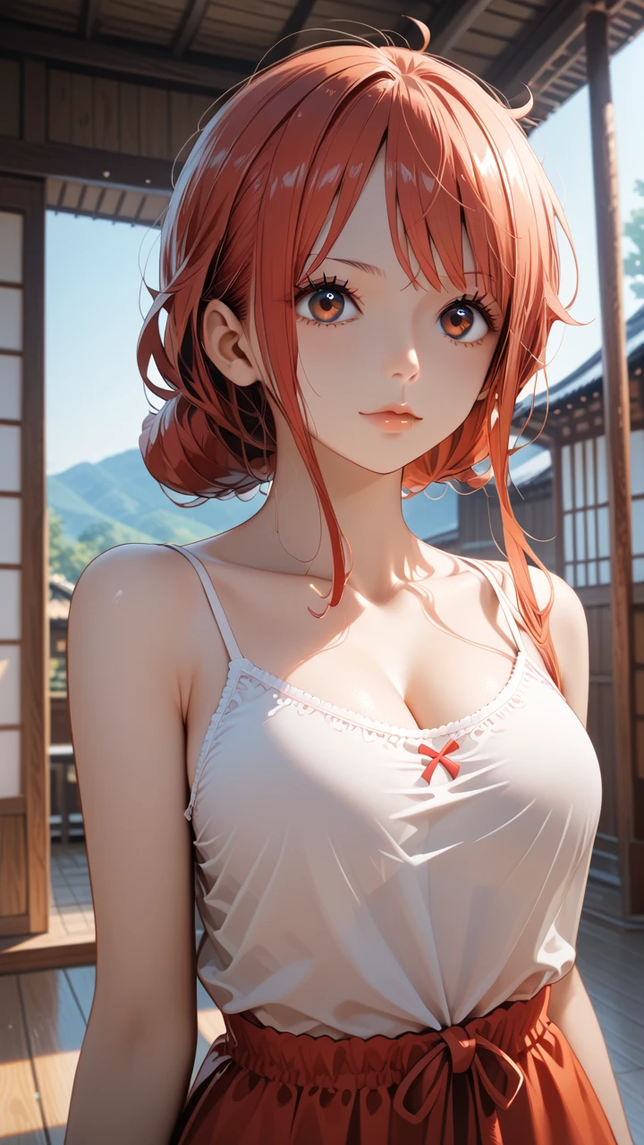 super high image, super detail, super high resolution, cute 18 year old girl, skinny, small breasts, no cleavage, facial close-up, moist shiny lips, seductive look, light-orange hair, messy wild short hair, green sparkling eyes, glossy dark eyeshadow, shiny skin, nose pierce, choker, tank top, perky nipples, exposed shoulders, jacket, night time, japanese village in background 