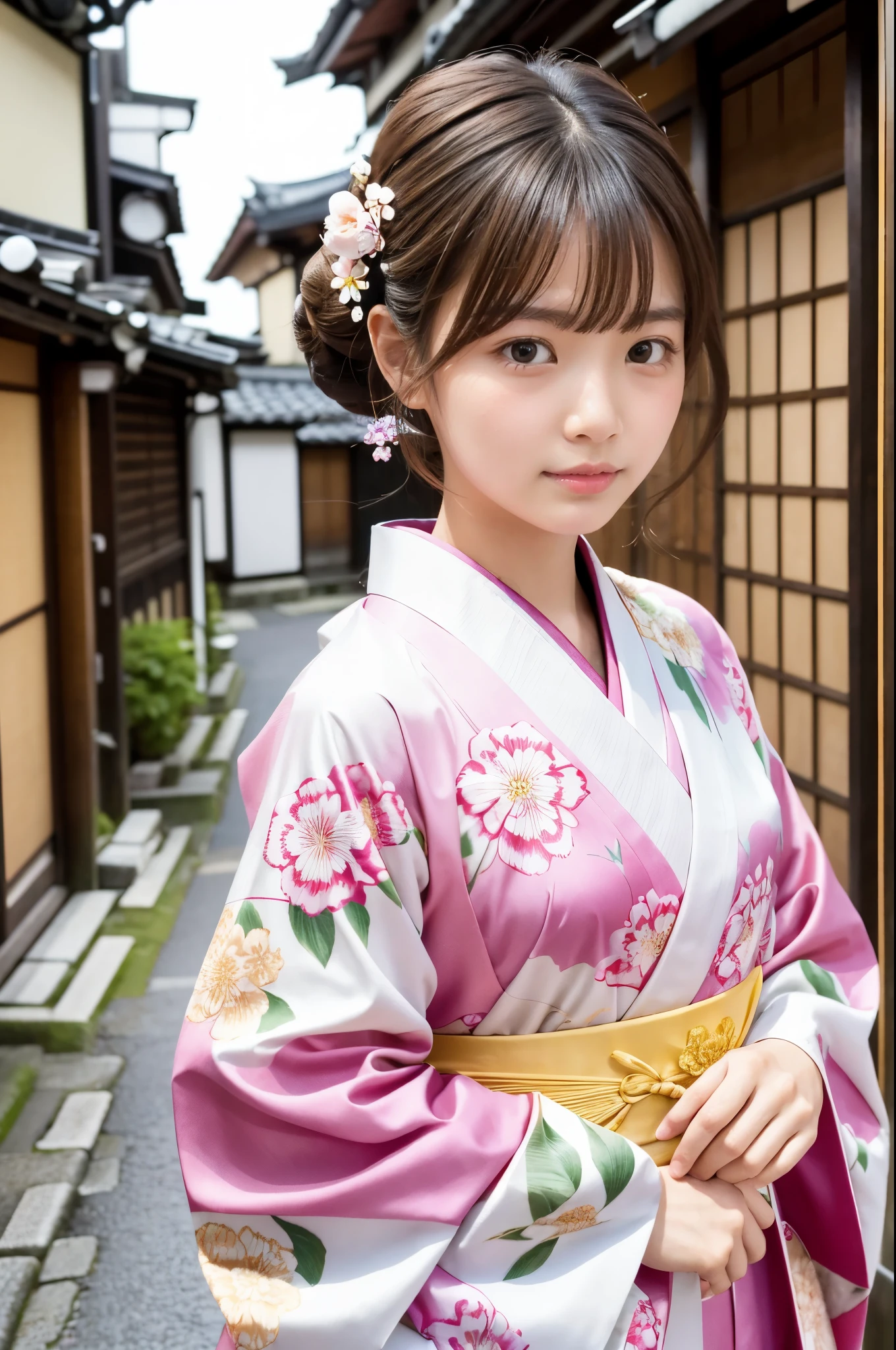 A beautiful Japanese woman wearing a pink floral  kimono. Her hair is elegantly tied up with floral ornaments, and her bangs are down. She stands in a narrow alley in Kyoto during daytime, surrounded by a festive New Year atmosphere. The  kimono features intricate floral patterns, and she has delicate features with brown eyes and brown hair. Her expression is serene and graceful.

one girl, (beautiful girl, delicate girl:1.3), (elegant appearance:1.3), break, (spring clothes:1.3), break, very fine eyes, (symmetrical eyes:1.3), break, perfectly shaped and anthropomorphically correct fingers, break, small breasts, brown eyes, (((shortcut))), straight bangs, brown hair, break, (eye and face details:1.0), break, (masterpiece, highest quality, super detailed), detailed face, 8k,  kimono, intricate patterns, floral design. high res, masterpiece, masterpiece, accurate,  anatomically correct ,  won lots of awards ,  top quality ,  high detail, 