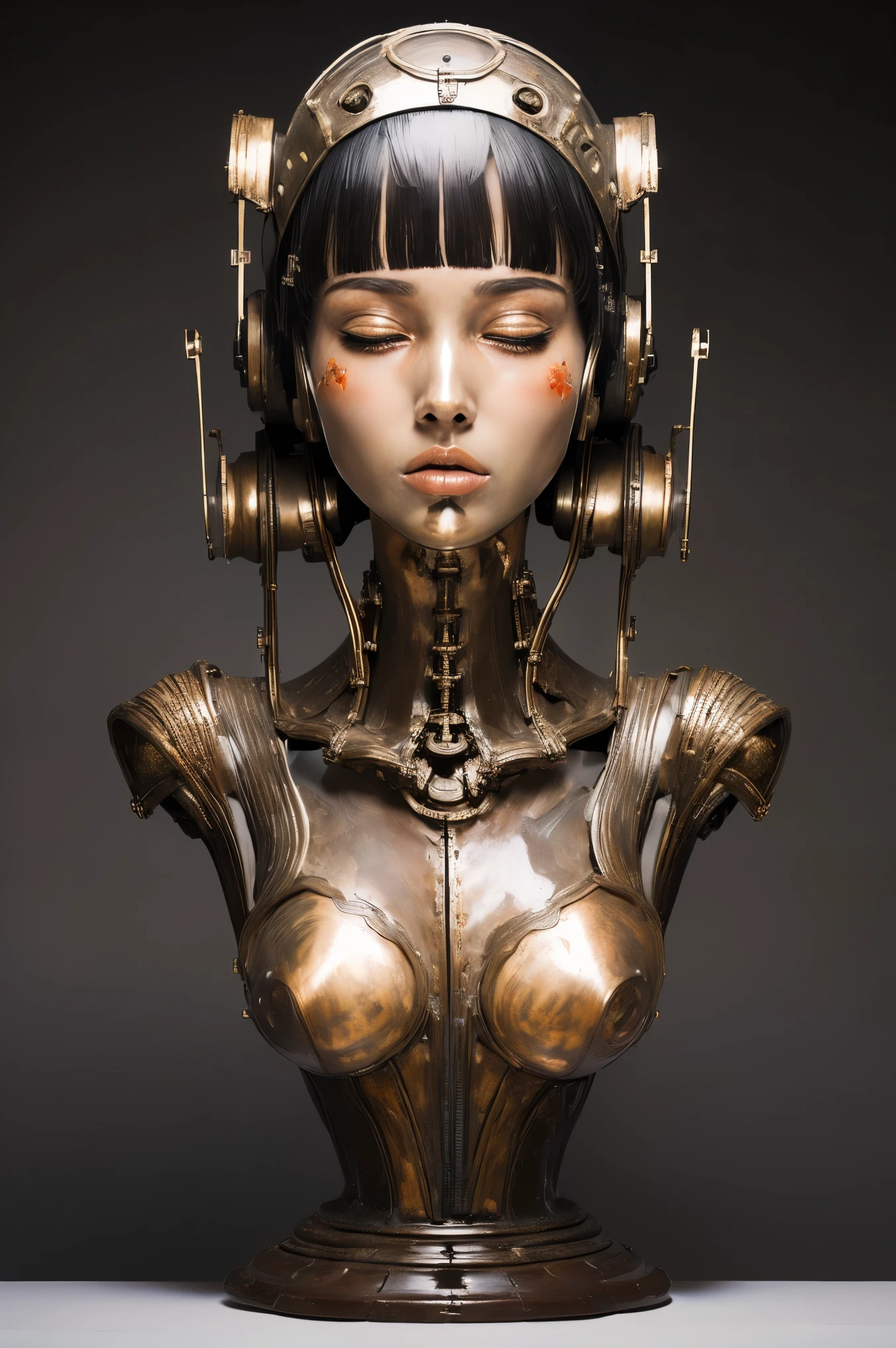 (masterpeace), ((super real photography: 1.5)), ((photo realistic: 1.3)), (real photo),
young girl with a lot of flowers, ((A young girl robot: 1.5)), (bust statue: 1.3),
BREAK
headgear, ((real metalic skin)), ((beautiful face: 1.5)), ((Super cute: 1.5)), ((babyface: 1.5)), ((well-balanced face)), (close eyes: 1.3)), longeyelashes, stunning big eyes, luscious glossy lips, ((blunt bangs: 1.5)), (long hair),
BREAK
(slender body: 1.3), petite bust, flower bloom, (flowers: 1.5),
BREAK
High-Mechanic body, octane rendering, Super Detailed machine, ((connected electric cables)),
BREAK
(simple background: 1.3), ((bust shot: 1.3)), cinema quality, professional photograph, (photo studio: 1.5), (Bright Light: 1.2), Eye-Level Shot, wide lens, (fujifilm 35mm), (film photo), RAW, Excessive Embellishment, UHD,
BREAK
anatomically correct, textured skin, best quality, 8k