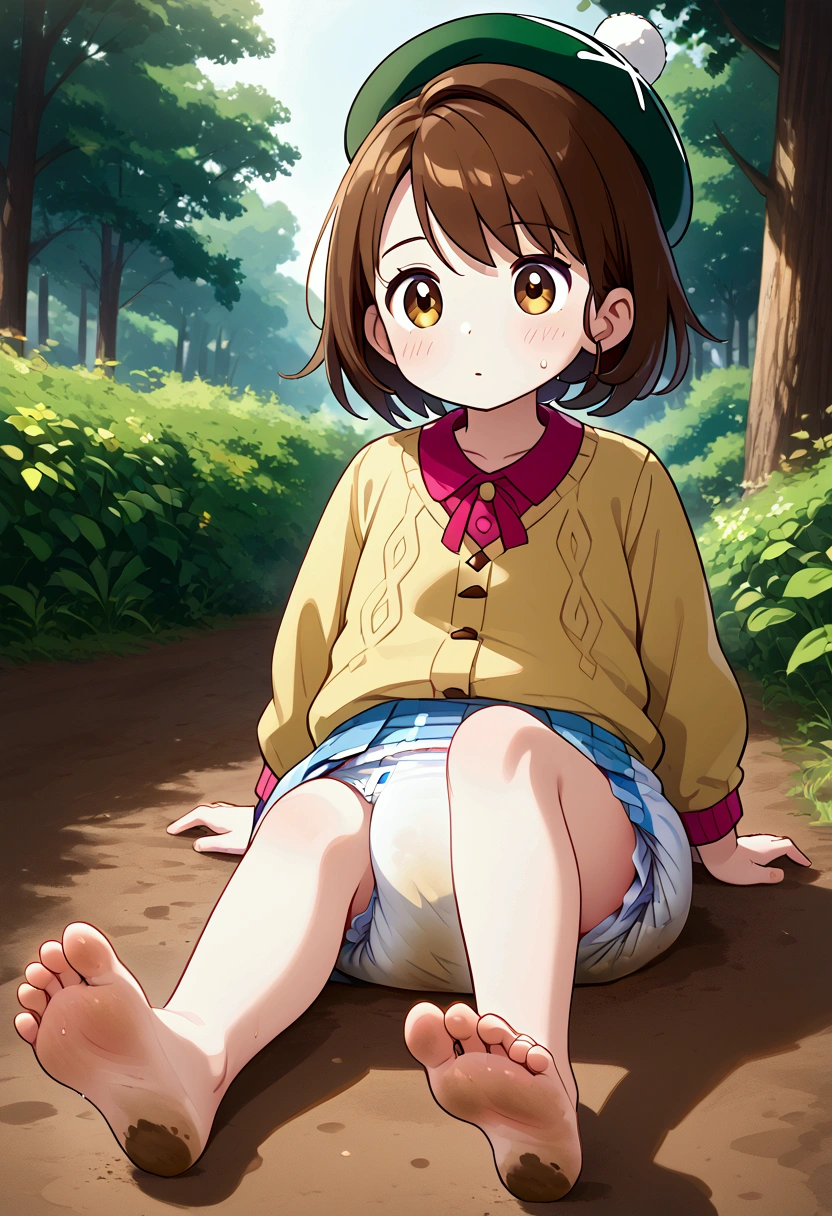 masterpiece, best quality, highres, gloria as a toddler, girl sitting, wet diaper, very cute, adorable, curious, barefoot sole, foot focus, dirt, smelly, stinky, steamy, sweaty