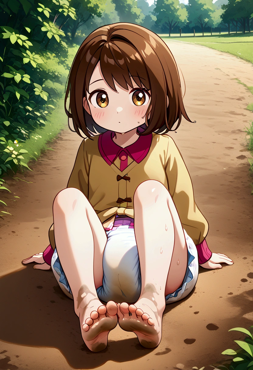 masterpiece, best quality, highres, gloria as a toddler, girl sitting, wet diaper, very cute, adorable, curious, barefoot sole, foot focus, dirt, smelly, stinky, steamy, sweaty