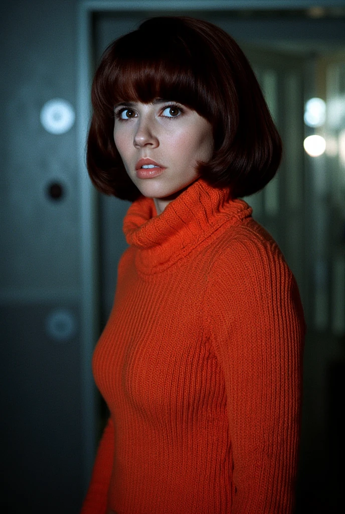 Linda cardelinni, (Velma), glasses, Adorable eyes, short brown hair, bangs, beautiful face, supermodel face, amazing eyes, (orange turtleneck sweater), inside a haunted house, aesthetic environment, realistic image, perfect photograph, photoshoot, enhanced details, standing straight