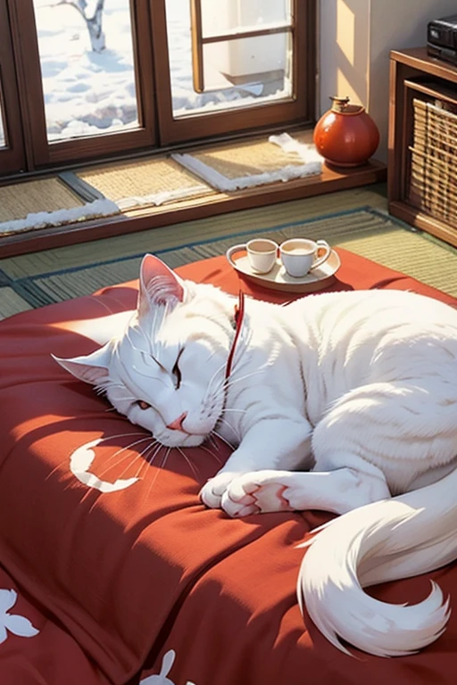 Day, in the room, bright sunshine, a white cat is curled up and sleeping in the red-clothed kotatsu, looks a bit sleepy, light snow falling, black headphones on, see-through sunglasses, shivering with cold, oranges and tea is on the kotatsu, {illustlation}, {portrait}