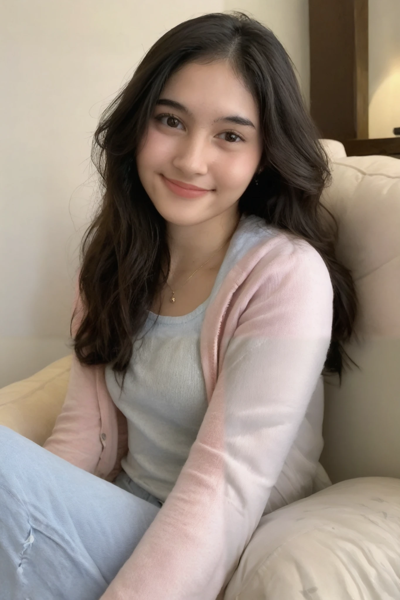 "A high-resolution, wide-angle shot, 8K close-up portrait of a stunning 20-year-old woman with a cheerful smile, detailed and natural skin texture, and expressive dark brown eyes. She has long, wavy black hair cascading down her shoulders and a relaxed, confident demeanor. The setting captures her sitting gracefully on a plush, cozy sofa, with soft cushions surrounding her. The lighting is natural and warm, creating a soft glow with subtle shadows and a dreamy bokeh background. The composition emphasizes ultra-detail, vivid colors, HDR quality, and a whimsical aesthetic with sharp focus, making the image feel vibrant and lifelike. The woman is dressed in casual yet elegant attire, complementing her relaxed yet poised posture, gazing directly at the viewer