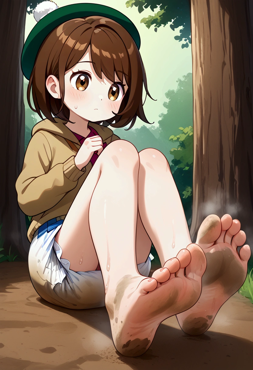 masterpiece, best quality, highres, gloria as a toddler, girl sitting, wet diaper, very cute, adorable, curious, barefoot sole, foot focus, dirt, smelly, stinky, steamy, sweaty