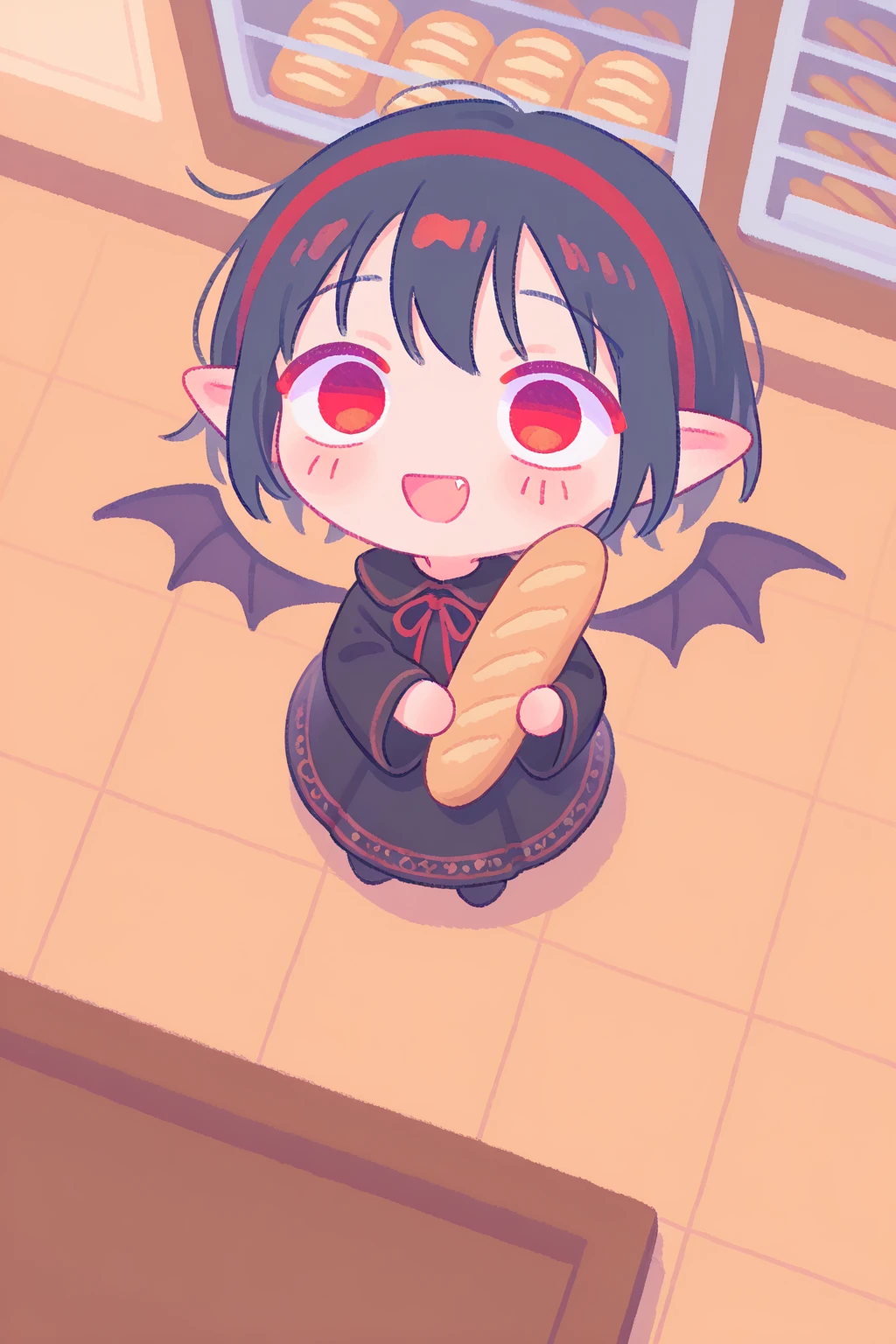 (solo:1.4),1girl\(vicomte,(chibi),cute, vampire wings, red eyes,open mouth, sharp vampire fangs, black short hair, elf ears, cute (((red ribbon))) headband, (big evil smile) cute smile,face shining, big eyes, cute expression, black short vampire robe\(gothic embroidery\), hugging (baguette bread) \),cute pose,black short vampire dress,full body, (many sparkle in eyes:1.4)\),inside,at bakery, breads displayed neatly on shelves, (from above:1.5), dutch angle, minimalist, lineless