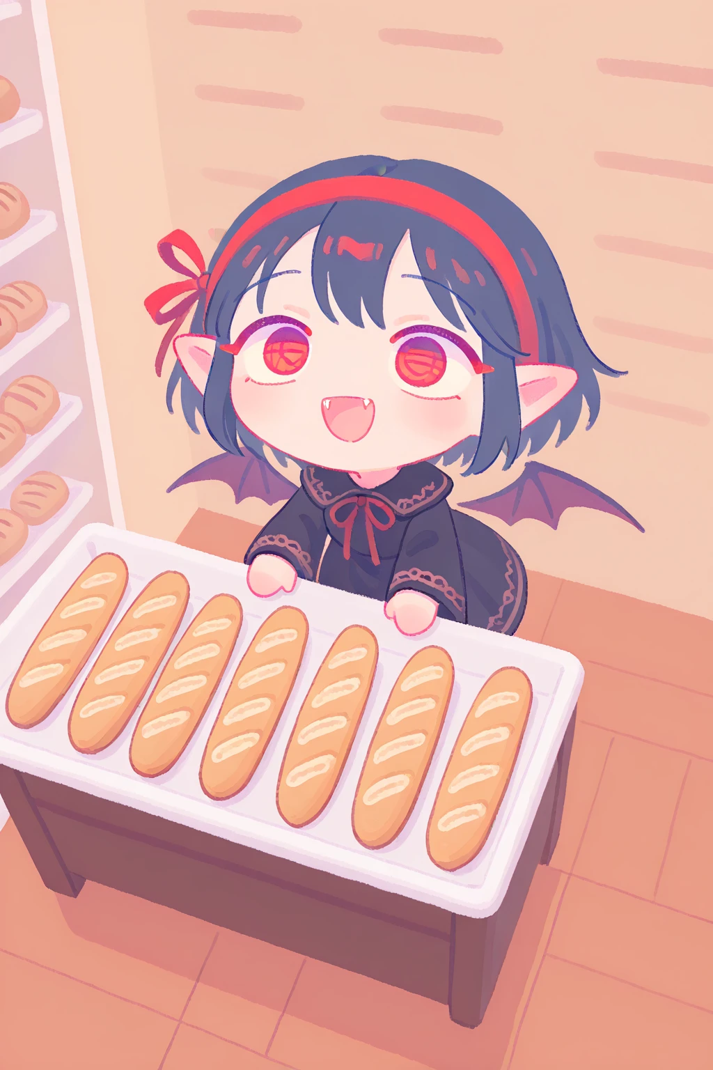 (solo:1.4),1girl\(vicomte,(chibi),cute, vampire wings, red eyes,open mouth, sharp vampire fangs, black short hair, elf ears, cute (((red ribbon))) headband, (big evil smile) cute smile,face shining, big eyes, cute expression, black short vampire robe\(gothic embroidery\), hugging (baguette bread) \),cute pose,black short vampire dress,full body, (many sparkless in eyes)\),inside,at bakery, breads displayed neatly on shelves, (from above:1.5), dutch angle, minimalist, lineless