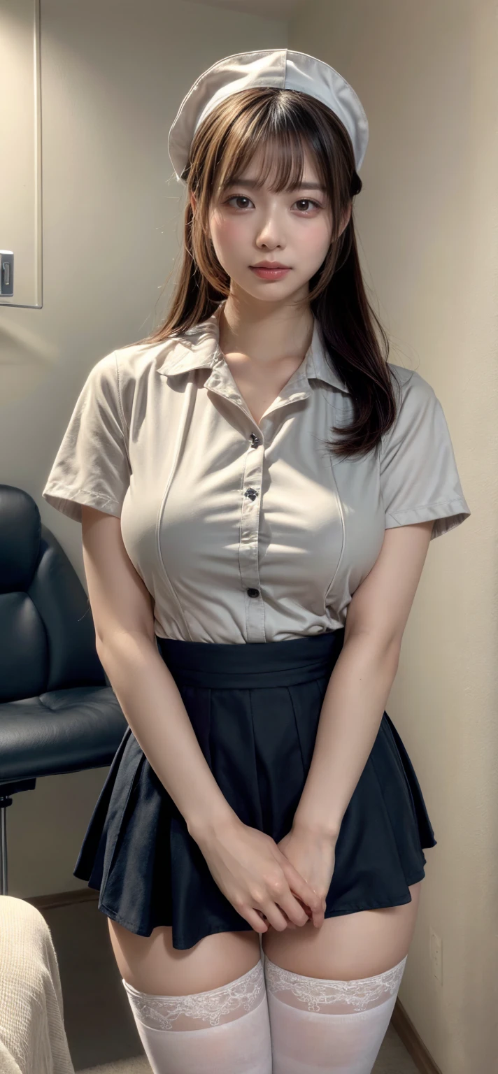 top-quality、Top image quality、masterpiece、fully body photo、18yo woman、dark brown middle hair、bangss、((Schoolgirl Uniform)、White short-sleeved blouse)、 ((no-bra、Puffy nipple、))、soft boob、Big breasts、Kamimei、 Shy laughter、dress room、Changing clothes、Rub your chest with both hands