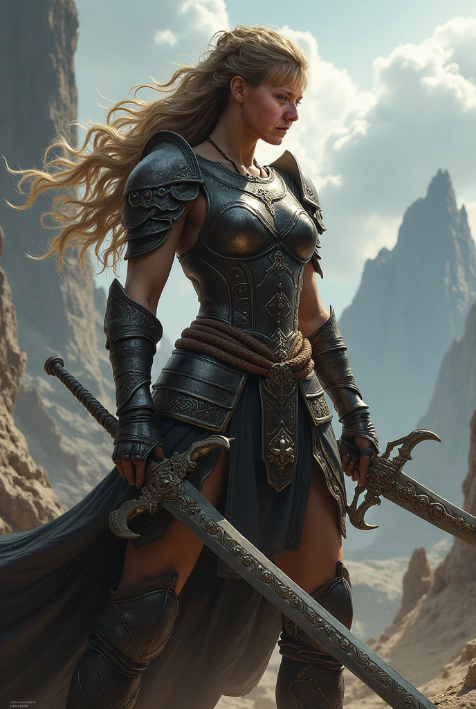 giant woman with battle sword in hand in a ancient street, low angle,Panty shot、Woman warrior、Leg spread
