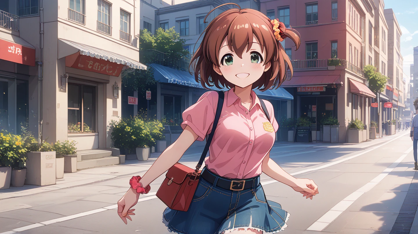 (masterpiece, best quality), highly detailed background, perfect lighting, best quality, batogamiki, solo, looking at viewer, smile, brown hair, one side up, hair scrunchie, red scrunchie, ahoge, hair between eyes, bangs, short hair, green eyes, medium breasts, pink shirt, collared shirt, short sleeves, black belt, denim skirt, standing, outdoors, Los Angeles (city), building, road,