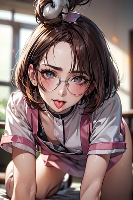  1 girl, Get on all fours and crawl towards the viewer,  eyes match,  looks up at the ,  so cute,  (( brown bob hair:1.8)), Lewd smile,  wearing a nurse's uniform , (((Pale pink nurse uniform:1.3))), (((( fellatio gestures)))), Fuller lips, Sexy lips open, (( stick out your tongue :1.3)) , Medium build,  big butt, masterpiece,  high image quality,  top quality ,  beautiful face with glasses ,  perfect lighting,  highly detailed faces being avenged,  highly detailed body, ( top down view), the above, ((( realistic, 超 realistic,  RAW photo:1.2))),  Exquisite Details , 4K, perfect face,  perfect eyes, Stop 4, ((  place your hands on your partner's head  /  grabs her head  :1.8)), ( the above)