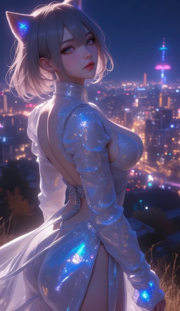 masterpiece, high res, illustration, animation style, movie style: your name, night , mid night , Gentle Light, Fascinating Light, batttle field, ruins of a big city, (back side shot, from her back, full body shot, full body, view from her back:1.7), (1 female: 1.3), (Alone: 1.4), Type 2B Yorha, Cat-Eared Girl, has long eyelashes, short bob, nose_, open_mouth, futon, , Backless long Dress, , Kirarhythm, dynamic perspective, perspective, Bokeh, Depth_of_Field, from_ Down, (natural breasts:1.2), (Uplifted and well-defined bust:1.2),