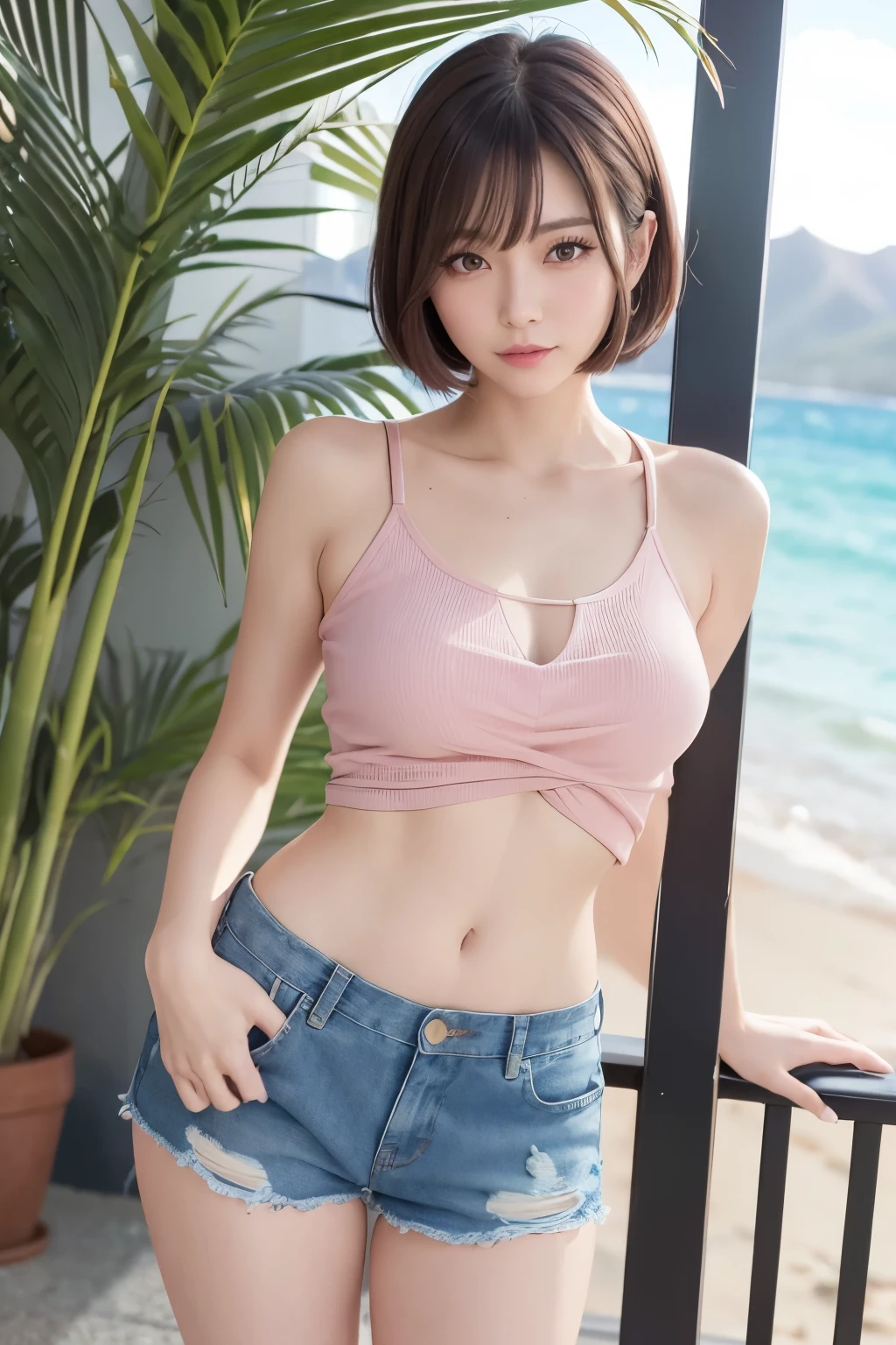 hyper realistic, cowboy shot, 1girl, 15 years old, teen, beautiful face, perfect, white skin, masterpiece, best quality, highres, short hair, modeling, sitting, natural pose, slight smile, ochako, brown hair, black miniskirt, on the couch, pink shirt, cleavage,