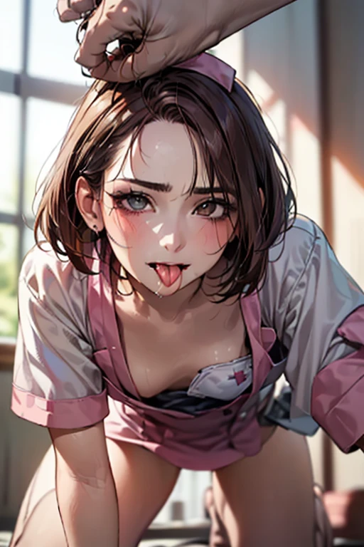  1 girl, Get on all fours and crawl towards the viewer,  eyes match,  looks up at the ,  so cute,  (( brown bob hair:1.8)), Lewd smile,  wearing a nurse's uniform , (((Pale pink nurse uniform:1.3))), (((( fellatio gestures)))), Fuller lips, Sexy lips open, (( stick out your tongue :1.5)) , Medium build,  big butt, masterpiece,  high image quality,  top quality ,  beautiful face with glasses ,  perfect lighting,  highly detailed faces being avenged,  highly detailed body, ( top down view), the above, ((( realistic, 超 realistic,  RAW photo:1.2))),  Exquisite Details , 4K, perfect face,  perfect eyes, Stop 4, ((  I'm putting my hands on my partner's head  /  grabs her head  :1.8)), ( the above)