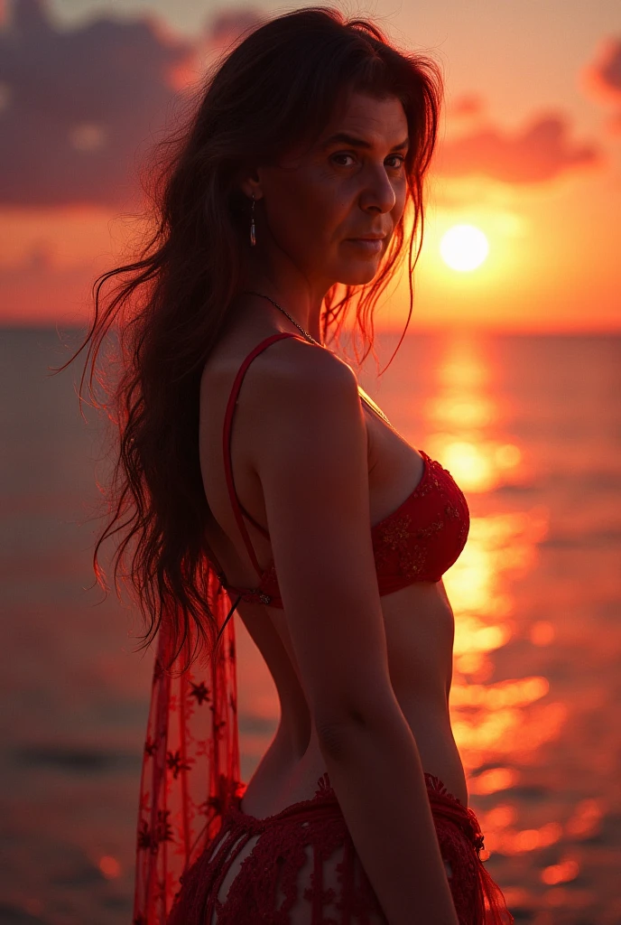 Close-up of a 26-year-old redhead, slim figure, small hips, dressed in an antique ecru linen toga, navel visible, hands in her hair, seduction, loving look, on a rock overlooking a lake, setting sun, cinematic rendering, 32K, RAW