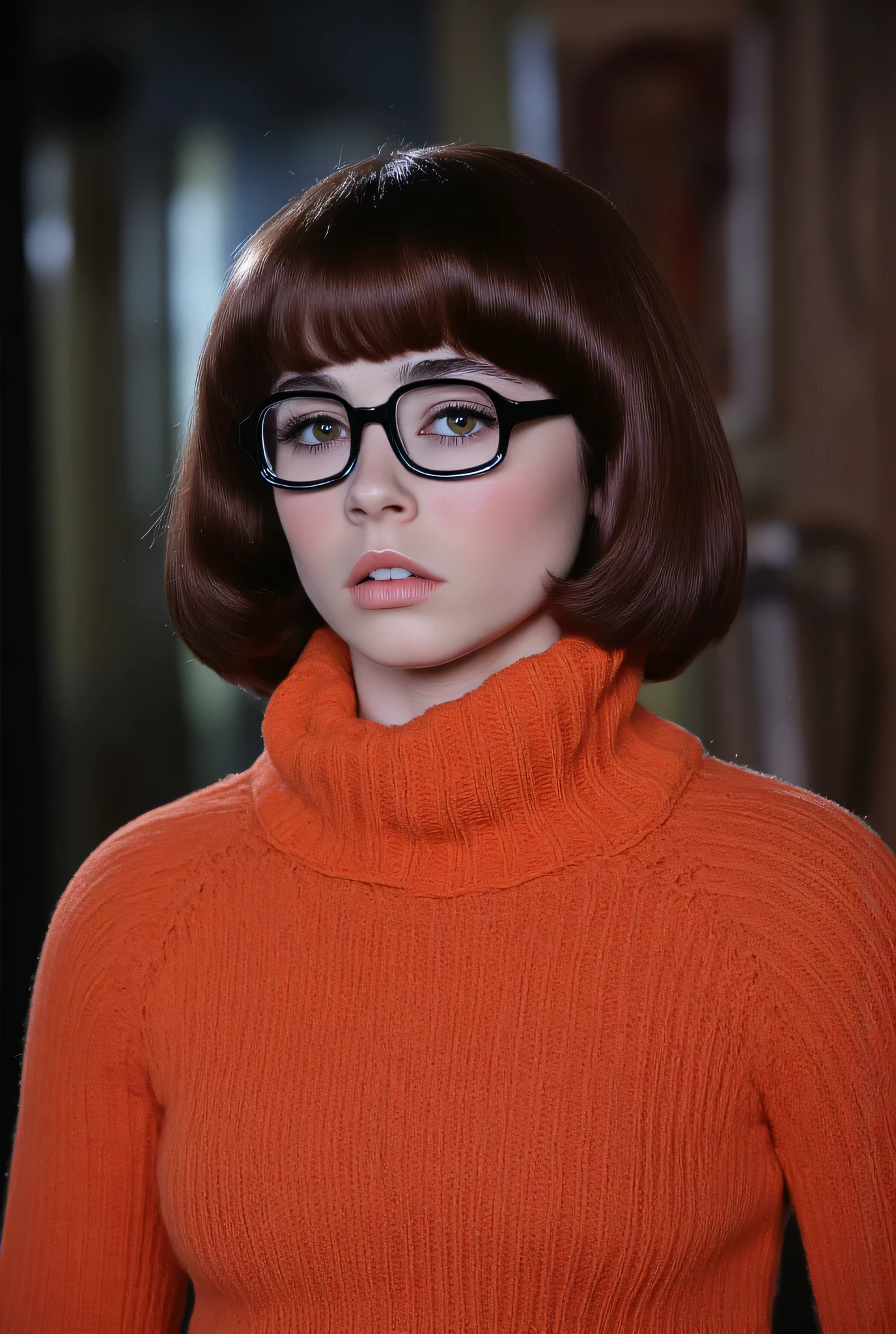 Linda cardelinni, (Velma), (wearing glasses), Adorable eyes, short brown hair, bangs, beautiful face, supermodel face, amazing eyes, (orange turtleneck sweater), inside a haunted house, aesthetic environment, realistic image, perfect photograph, photoshoot, enhanced details, standing straight