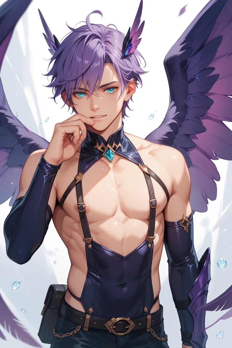 Close up of a cartoon male character wearing a white and purple leotard dress、A boy with short light purple hair、Boy with short dark purple hair、Purple eyed boy、solo、Zodiac Boy、Magic Boy、portrait Zodiac Boy、Amethyst Prince、Long legs、purple Scales and a purple ribbon covering his chest、Bare shoulders、Purple Arm Warmer、Bare legs、Bare thighs、Purple Thigh Boots、Purple leotard underwear、!!Full body portrait!!、 Magic Boyのスタイル、Magical Aura、Heavenly Aura、Lightning aura、Anime Prince、Naughty anime style、Hymn to the King as a Prince、