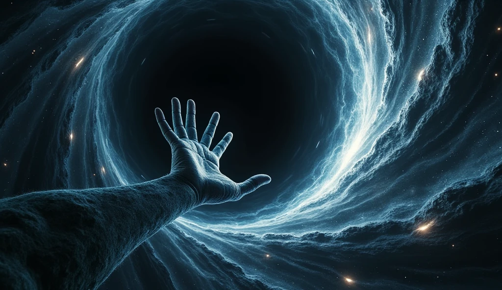 A hand reaching out from of a black hole in space