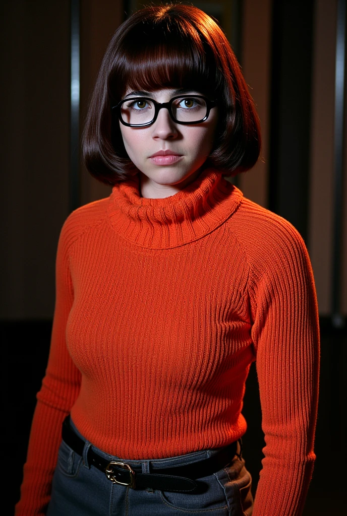 Linda cardelinni, (Velma), (wearing glasses), Adorable eyes, short brown hair, bangs, beautiful face, supermodel face, amazing eyes, (orange turtleneck sweater), inside a haunted house, aesthetic environment, realistic image, perfect photograph, photoshoot, enhanced details, standing straight