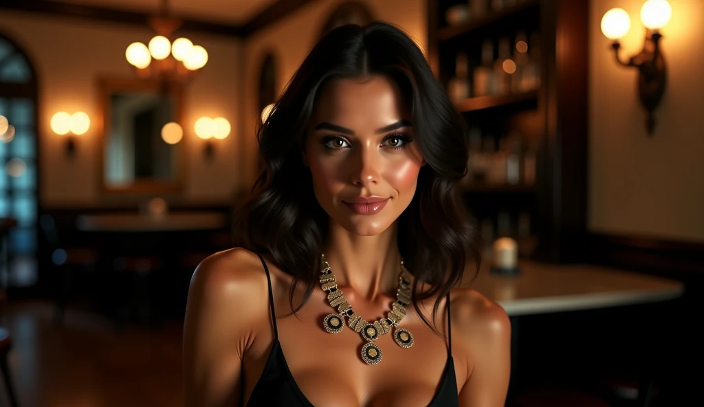 best quality, masterpiece, highres, 1girl, china dress, hair ornament, necklace, jewelry, Beautiful face, upon_body, tyndall effect, photorealistic, dark studio, rim lighting, two tone lighting, (high detailed skin:1.2), 8k uhd, dslr, soft lighting, high quality, volumetric lighting, candid, Photograph, high resolution, 4k, 8k, Bokeh, medium breasts, in a Gentleman's club