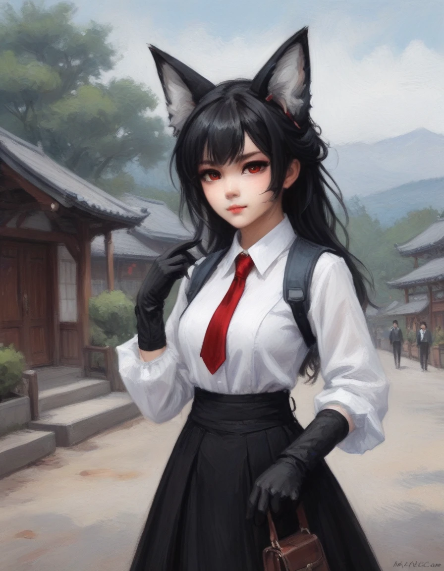 perfect eyes, miyabihoshimi, miyabi hoshimi,animal ear fluff, animal ears, black hair, bright pupils, fox ears, fox girl, half updo, long hair, red eyes, sidelocks, white pupils, asymmetrical gloves, black gloves, black necktie, black skirt, blue jacket, collared shirt, fingerless gloves, gloves, high-waist skirt, jacket, long skirt, necktie, shirt, side slit, single fingerless glove, skirt, white shirt, wide sleeves, side battle pose, epic