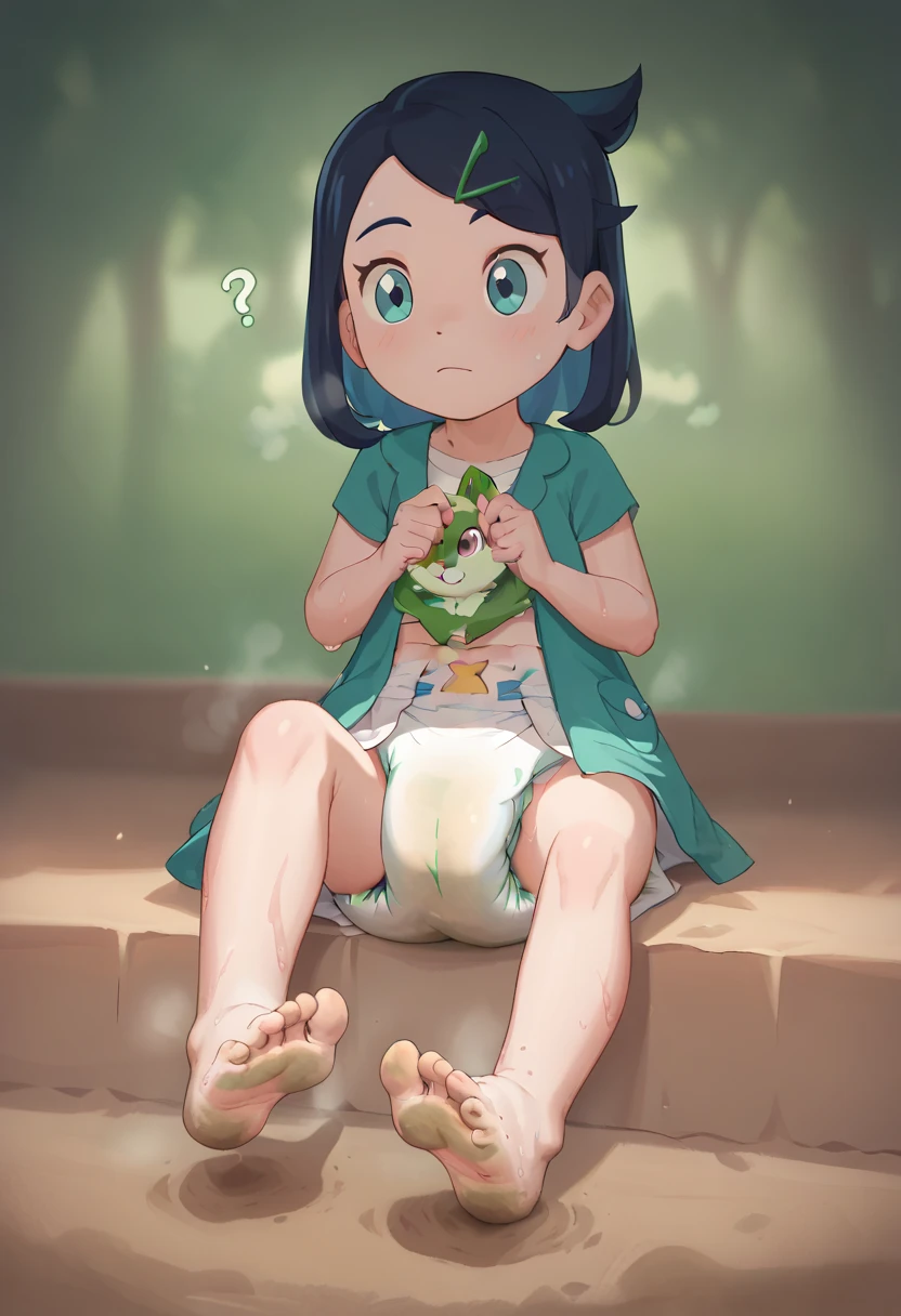 masterpiece, best quality, highres, liko as a toddler, girl sitting, wet diaper, very cute, adorable, curious, barefoot sole, foot focus, dirt, smelly, stinky, steamy, sweaty