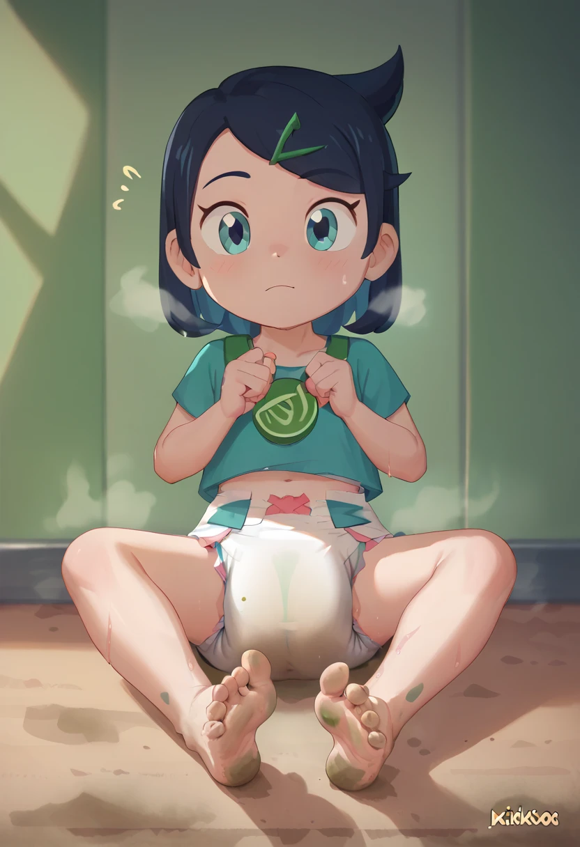 masterpiece, best quality, highres, liko as a toddler, girl sitting, wet diaper, very cute, adorable, curious, barefoot sole, foot focus, dirt, smelly, stinky, steamy, sweaty