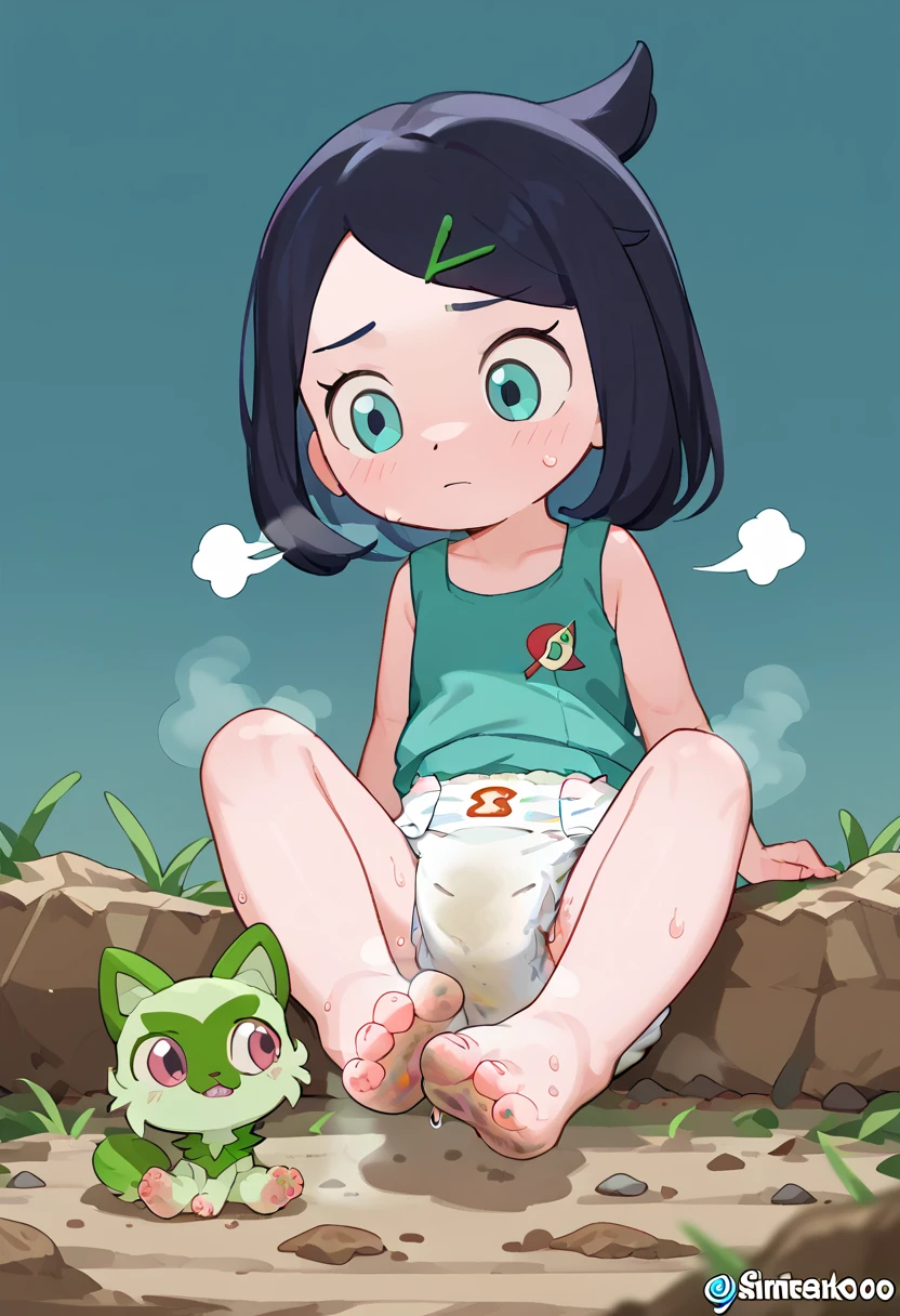 masterpiece, best quality, highres, liko as a ddler, girl sitting, wet diaper, very cute, adorable, curious, barefoot sole, foot focus, dirt, smelly, stinky, steamy, sweaty