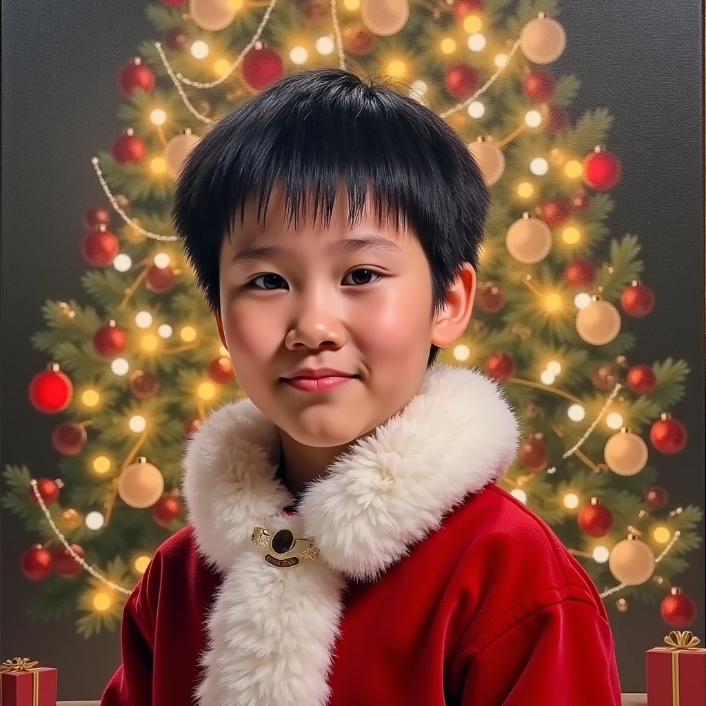 Realistic oil painting of a boy of approximately four years old ,  of charming appearance ,  with a big smile that illuminates her face . His eyes are a deep blue,  full of curiosity and joy , and her short hair , jet black,  is slightly messy ,  giving it a playful touch .  He wears a Santa Claus costume in red and white tones ,  with plush details on the edges and a small gorge Holiday that barely covers her hair. in the background,  there is a Christmas theme full of charm :  warm lights that illuminate a Christmas tree decorated with spheres and garlands ,  creating a joyful and magical Christmas atmosphere .

