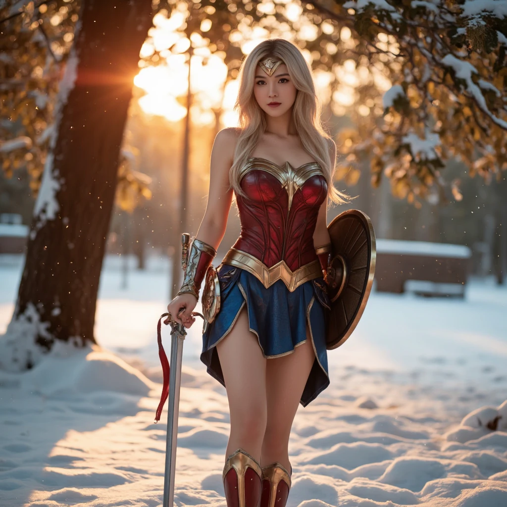  A stunning, high-quality cinematic scene featuring a beautiful, busty woman with flowing blonde hair and a curvy physique, dressed in a form-fitting, Wonder Woman costume inspired by DC comics. She walks under a snow covered tree at golden hour sunlight. Rays of orange and red light beams through from behind. She holds a sword on the right hand and a shield on the left hand. Soft snowflakes gently fall, creating a magical atmosphere. The image features cinematic lighting, ultra-detailed textures, and a vibrant color palette.