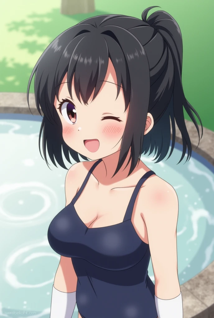 alone, One girl、Crown braids in the same color as your hair, hair ornaments, Hair Ribbon, (White and pink bikini),Red Eyes、Black Hair、(Surprised face:1.2)、(blush:1.4)、C cup breasts、(In the pool water)