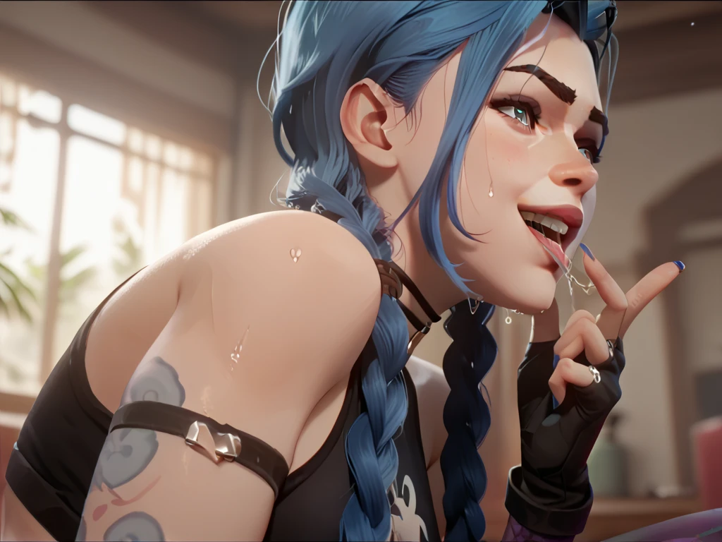 Overwatch render, Jinx,  n1kepr0 leggings, holding her ass, big breasts, excited facial expression, soft light, bright light, wardrobe, full frame, sexy pose, dripping sweat, beautiful fingers, dynamic pose, beautiful eyes, rear view