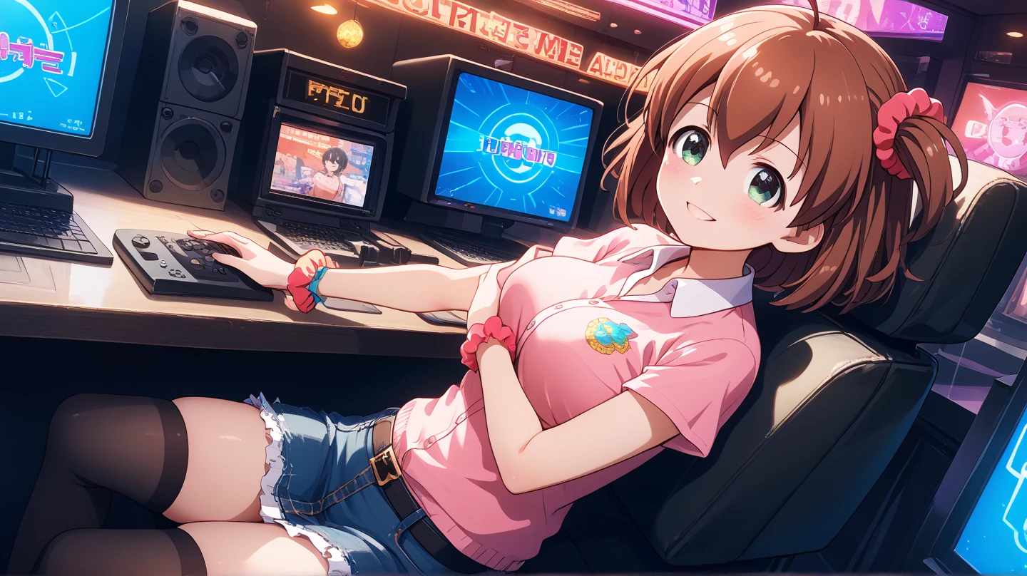 (masterpiece, best quality), highly detailed background, perfect lighting, best quality, batogamiki, solo, solo focus, smile, brown hair, one side up, hair scrunchie, red scrunchie, ahoge, hair between eyes, bangs, short hair, green eyes, medium breasts, pink shirt, collared shirt, short sleeves, black belt, denim skirt, sitting, on chair, indoors, arcade machine, dark room, dutch angle,