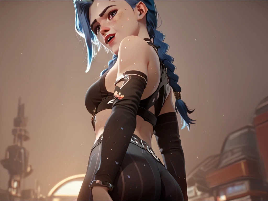 Overwatch render, Jinx,  n1kepr0 leggings, holding her ass, big breasts, excited facial expression, soft light, bright light, wardrobe, full frame, sexy pose, dripping sweat, beautiful fingers, dynamic pose, beautiful eyes, rear view