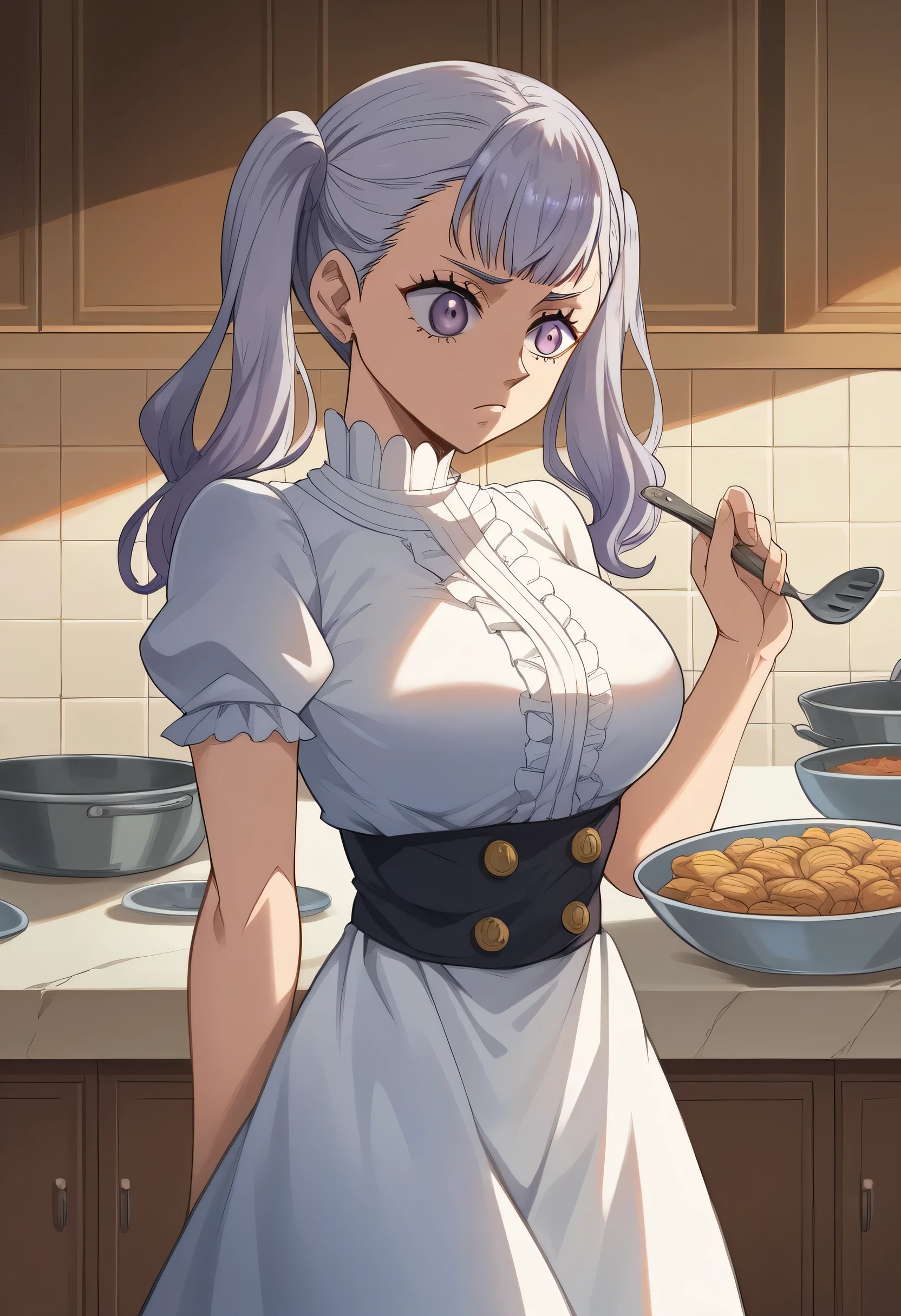 come on , 's vagina is a great painting, precise, best quality, high profile room , โมเดล come on , background, , dress from the Black Clover , Noel Silva , double ponytail , gray hair , purple eyes , student , multicolor eyes, big breasts , Enter the Valkyra
