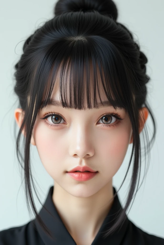 masterpiece high quality,close up of the face, front face , girl,big eye,,,, black bun hair,
