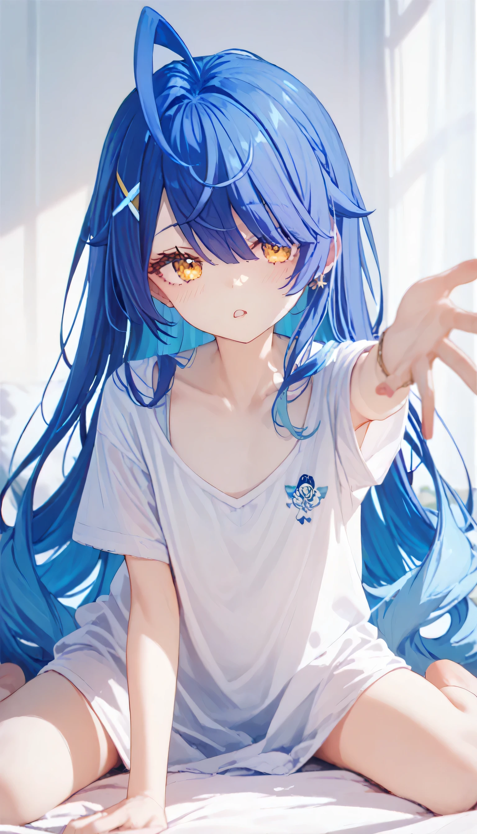 ""Oversized white shirt"", Amamiya Kokoro, nijisanji, wariza, flat chest, skinny body, reaching two hands