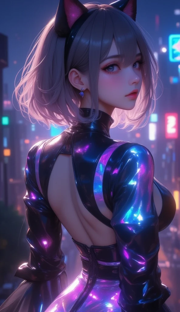 masterpiece, high res, illustration, animation style, movie style: your name, night , mid night , Gentle Light, Fascinating Light, batttle field, ruins of a big city, (back side shot, from her back, full body shot, full body, view from her back:1.7), (1 female: 1.3), (Alone: 1.4), Type 2B Yorha, Cat-Eared Girl, has long eyelashes, short bob, nose_, open_mouth, futon, , Backless long Dress, , Kirarhythm, dynamic perspective, perspective, Bokeh, Depth_of_Field, from_ Down, (natural breasts:1.2), (Uplifted and well-defined bust:1.2),