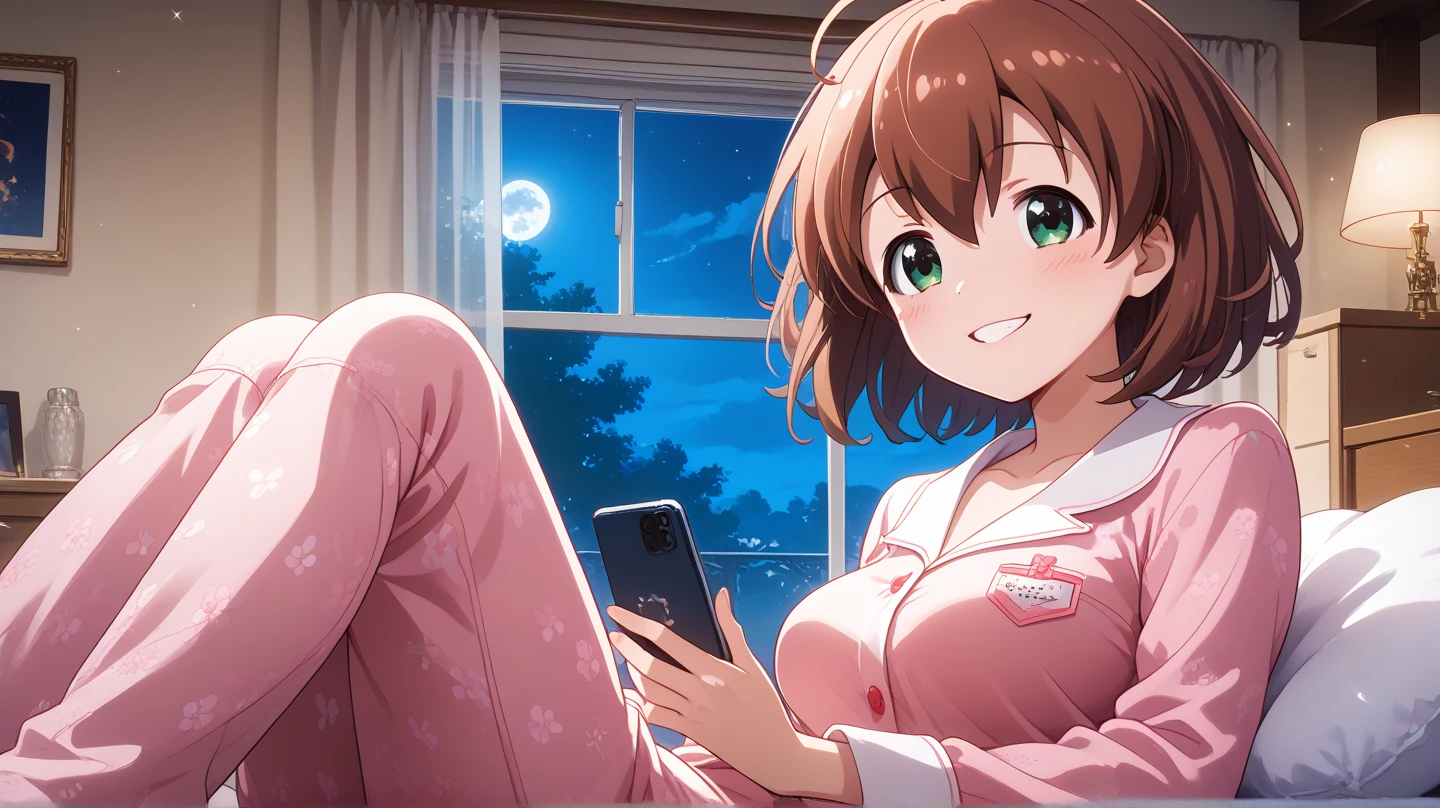 (masterpiece, best quality), highly detailed background, perfect lighting, best quality, batogamiki, solo, solo focus, smile, brown hair, ahoge, hair between eyes, bangs, short hair, green eyes, medium breasts, pink pajamas, holding cellphone, sitting, on bed, bedroom, night,