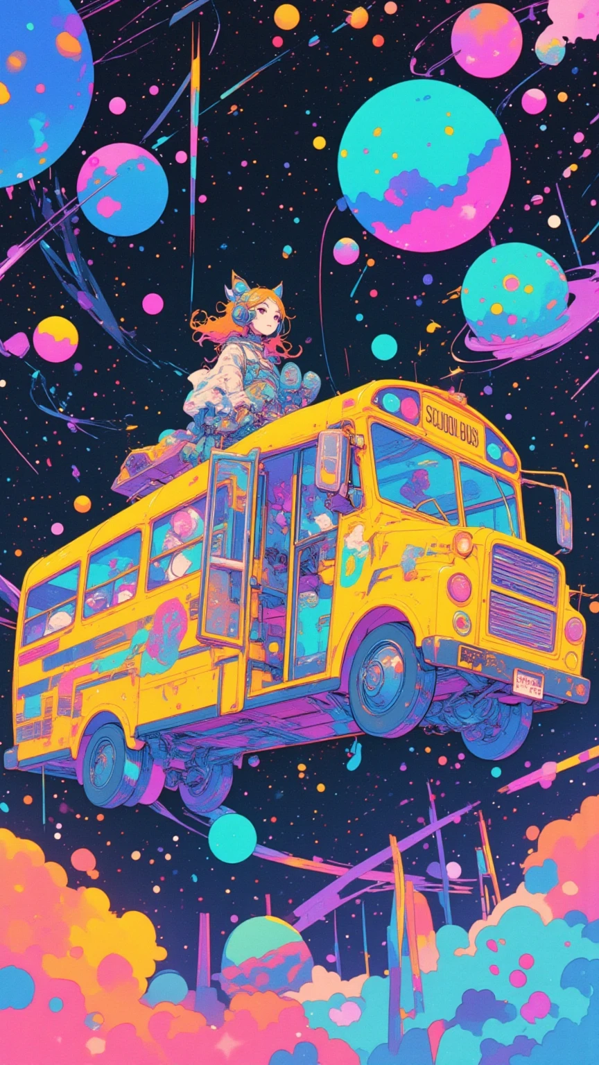  There is a mechanical cat girl on a school bus that flies through space,  Decorative Space Paintings ,  Ultra Wide Gameplay Screenshots ,  colorful dystopian futurism,  Retrofuturistic Digital Painting, School bus that runs through space ,  Dreaming Psychedelic Anime ,  video games are still , ビデオ game screenshots ,  ビデオ game screenshots  ,  detailed pictures of virtual worlds ,  Colorful in Futuristic Hues ,  Promotional Art ,  game screenshots 