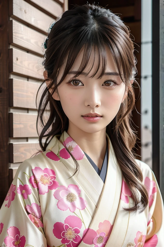 A beautiful Japanese woman wearing a pink floral kimono. Her hair is elegantly tied up with floral ornaments, and her bangs are down. She stands in a narrow alley in Kyoto during daytime, surrounded by a festive New Year atmosphere. The kimono features intricate floral patterns, and she has delicate features with brown eyes and brown hair. Her expression is serene and graceful.

one girl, (beautiful girl, delicate girl:1.3), (elegant appearance:1.3), break, (spring clothes:1.3), break, very fine eyes, (symmetrical eyes:1.3), break, perfectly shaped and anthropomorphically correct fingers, break, small breasts, brown eyes, (((shortcut))), straight bangs, brown hair, break, (eye and face details:1.0), break, (masterpiece, highest quality, super detailed), detailed face, 8k, kimono, intricate patterns, floral design.