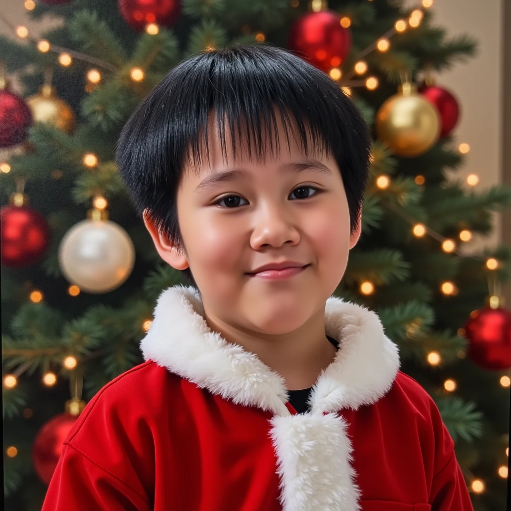 Realistic oil painting of a boy of approximately four years old ,  of charming appearance ,  with a big smile that illuminates her face . His eyes are a deep blue,  full of curiosity and joy , and her short hair , jet black,  is slightly messy ,  giving it a playful touch .  He wears a Santa Claus costume in red and white tones ,  with plush details on the edges and a small gorge Holiday that barely covers her hair. in the background,  there is a Christmas theme full of charm :  warm lights that illuminate a Christmas tree decorated with spheres and garlands ,  creating a joyful and magical Christmas atmosphere .

