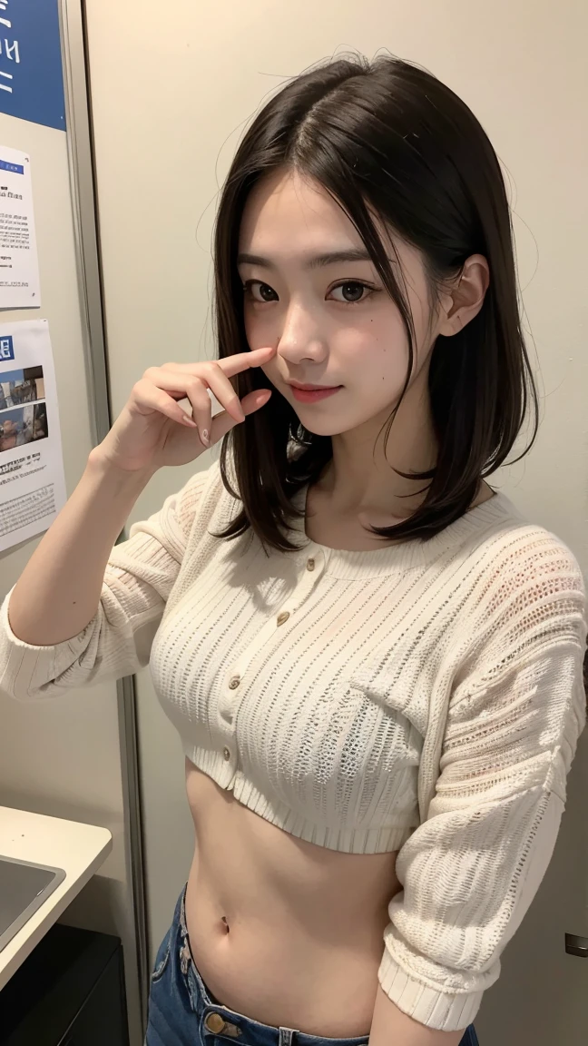 (highest quality, 8k, 32k, masterpiece, Ultra-high resolution:1.2),Beautiful Japanese Women Photos, Big Breasts, Very short bob hair,Upper Body,Face Focus,Tight sweater, necklace, Simple Background, From above, Looking at the audience,