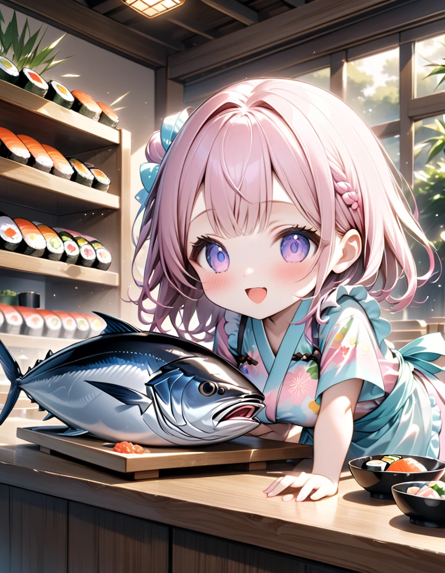 (masterpiece), (ultra-detailed), (best quality), (clear focus), dramatic scene, cinematic, shadow, (ultra-high resolution), (8k), perfect anatomy, perfect face, (detailed face), (detailed eye), (chibi), cute Japanese chibi girl, famous Japanese chibi idol, very beautiful and cute and cool face, (the girl is wearing a cute pastel colored kimono with apron:1.2), (large breasts), (She is holding to cook a large tuna at the traditional Japanese sushi restaurant counter:1.3), tuna\( large, extremely angry, trying to escape\), (piles of many kind of colorful sushi plates are on the light colored wooden sushi counter), sushi with bamboo leaves are on the wooden tray, Japanese antique furnishings with bamboo accent, gentle sunlight, professional lighting, 