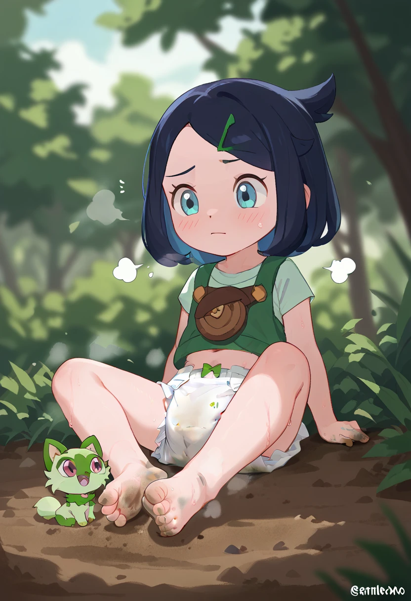 masterpiece, best quality, highres, liko as a toddler, girl sitting, wet diaper, very cute, adorable, curious, barefoot sole, foot focus, dirt, smelly, stinky, steamy, sweaty